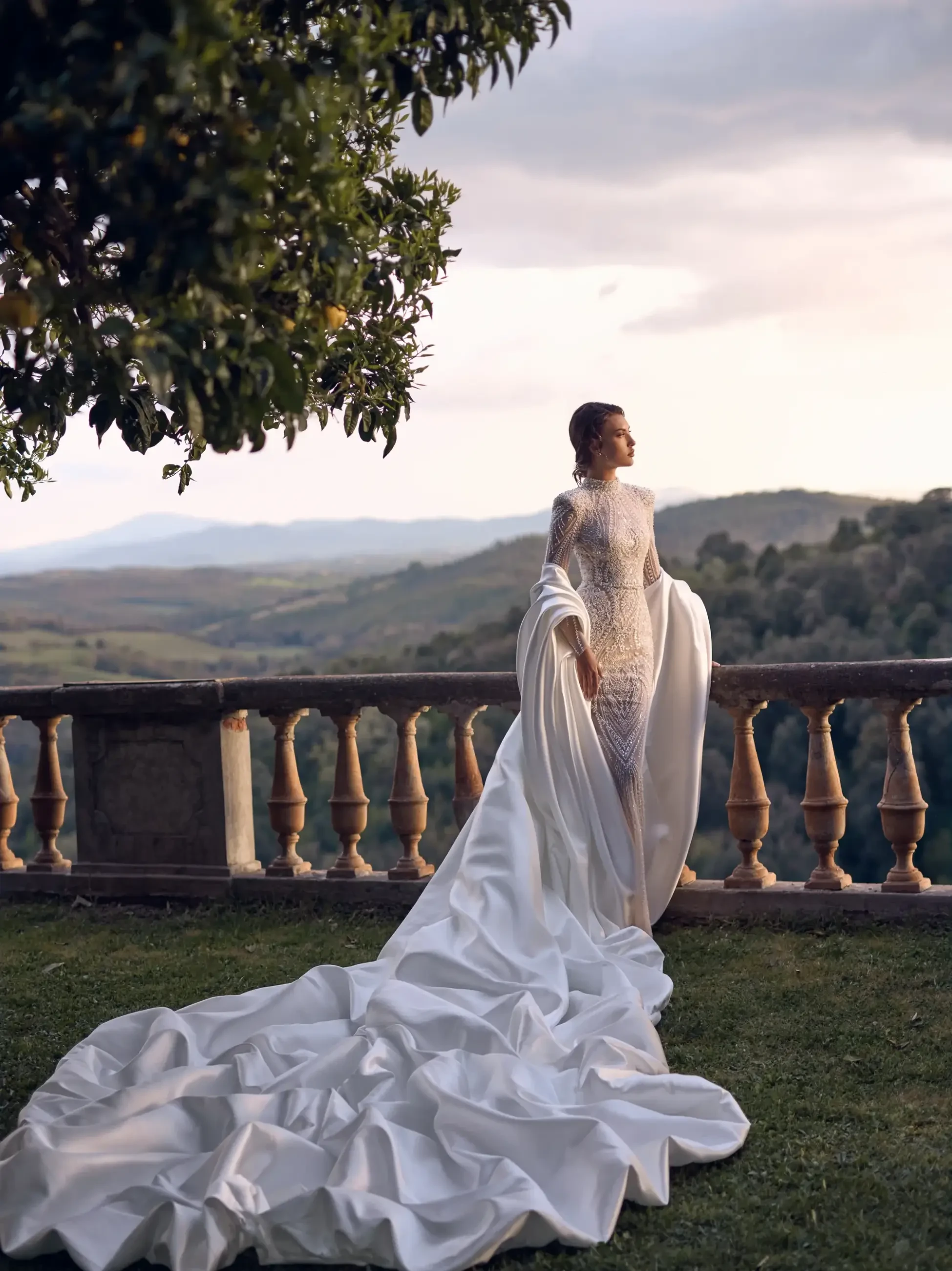 Model is wearing a mermaid high neck wedding dress with lace and embroidery