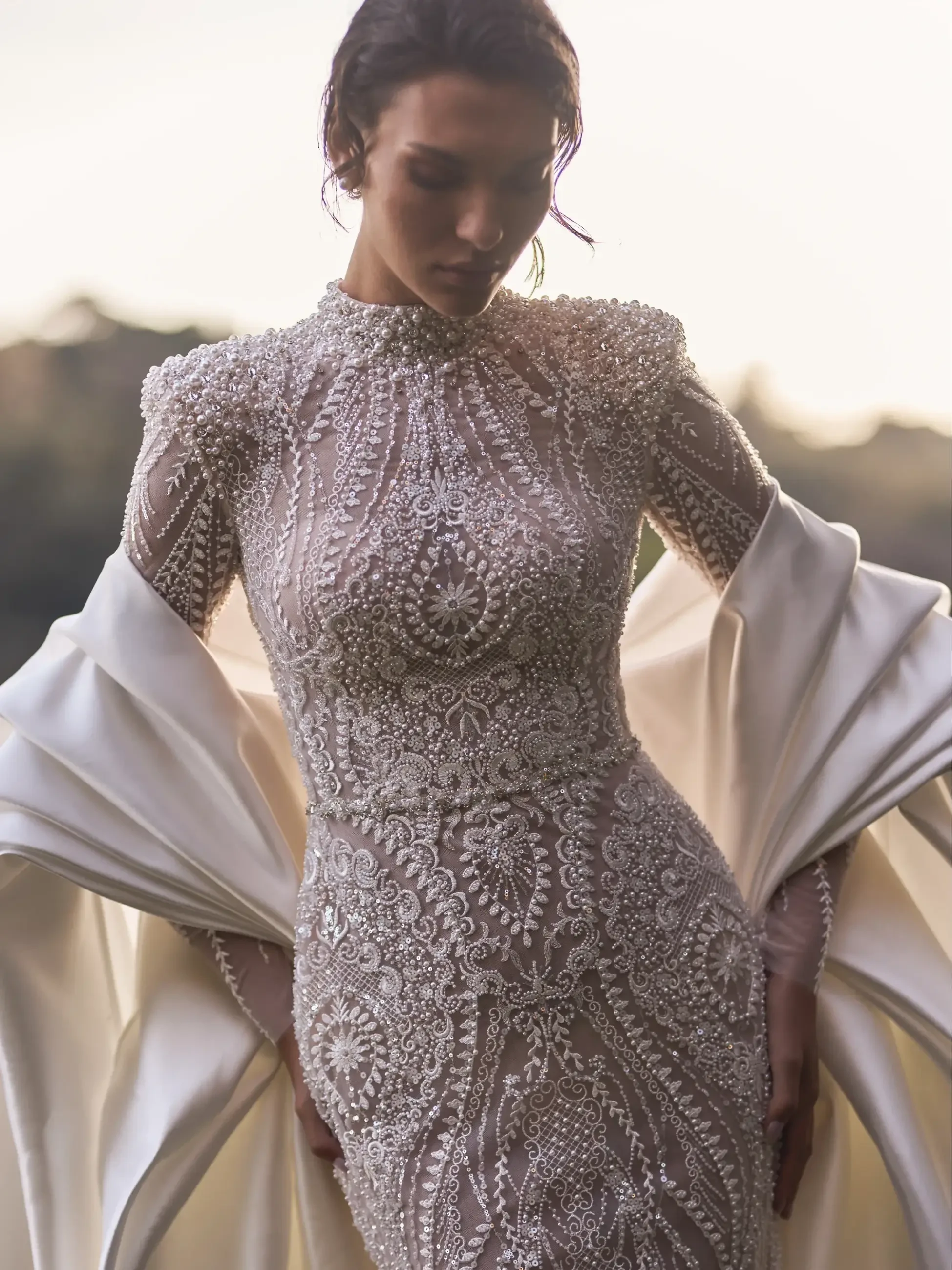 Model is wearing a mermaid high neck wedding dress with lace and embroidery