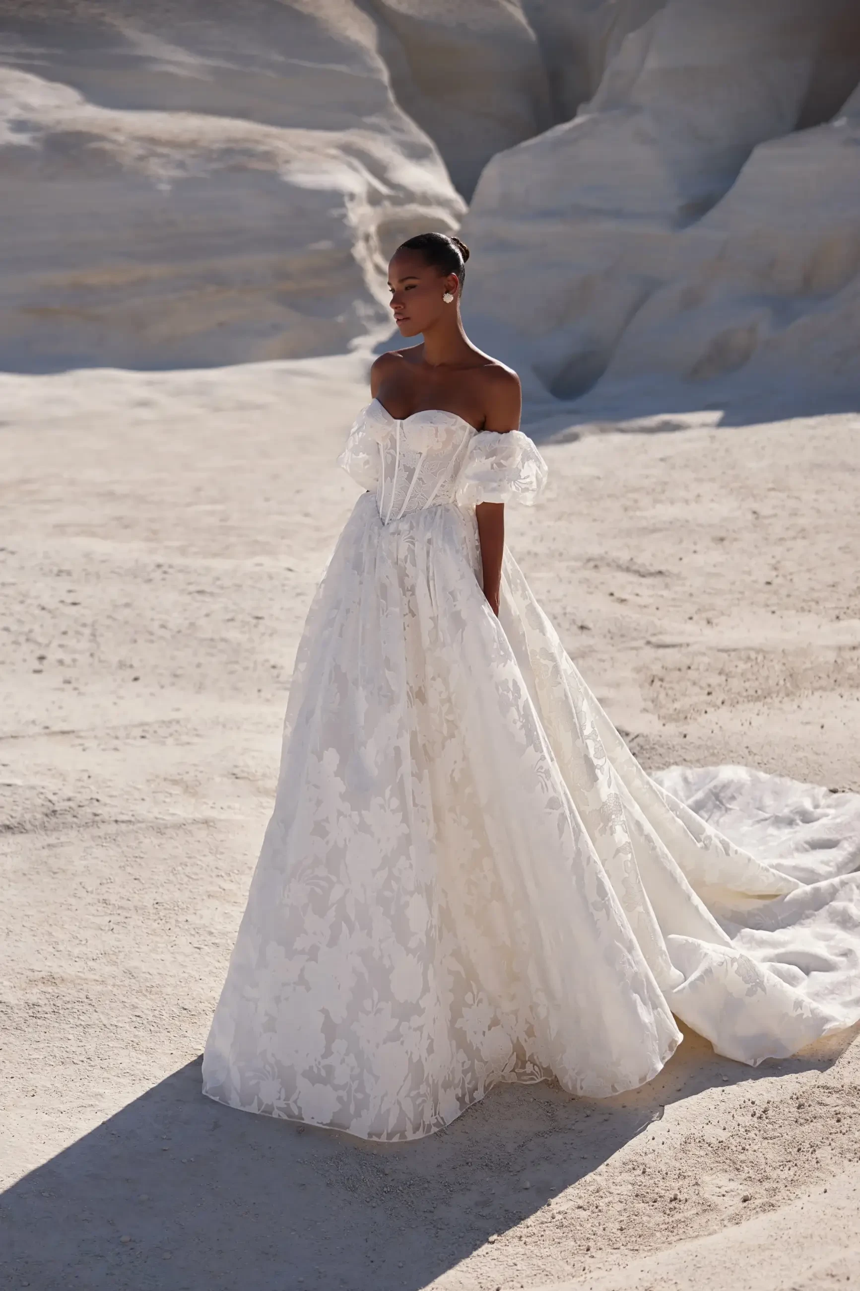 model is wearing a lace off the shoulder ball gown wedding dress