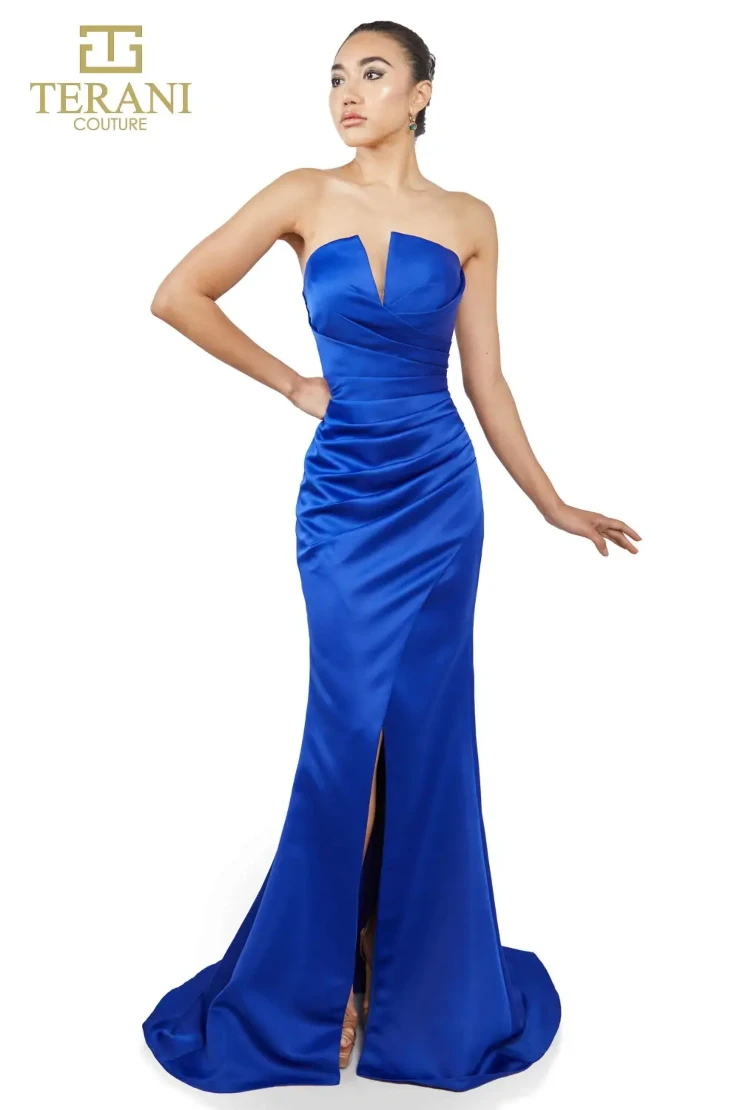 tips for choosing bridesmaid dresses Terani 251M4260 Fitted Gown Bardot V Neckline Side Slit – Mia Bella Couture main image 1